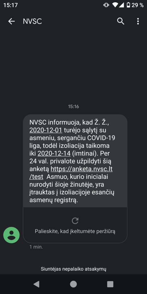 NVSC siunčiamos SMS pavyzdys